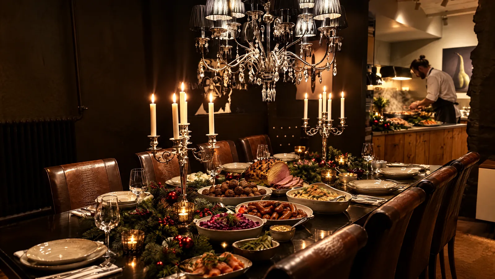 Kocken lägger upp julmaten i köket vid Chef's Table